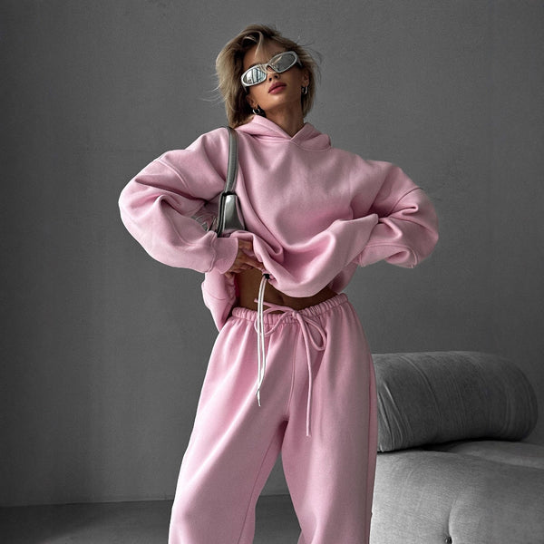 2025 autumn and winter new European and American solid color long-sleeved hooded sweater women's fashion casual trousers sports suit