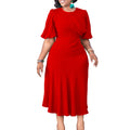 D3215 european and american cross-border new arrival  solid color round neck puff sleeve slim fit waist plus size african dress