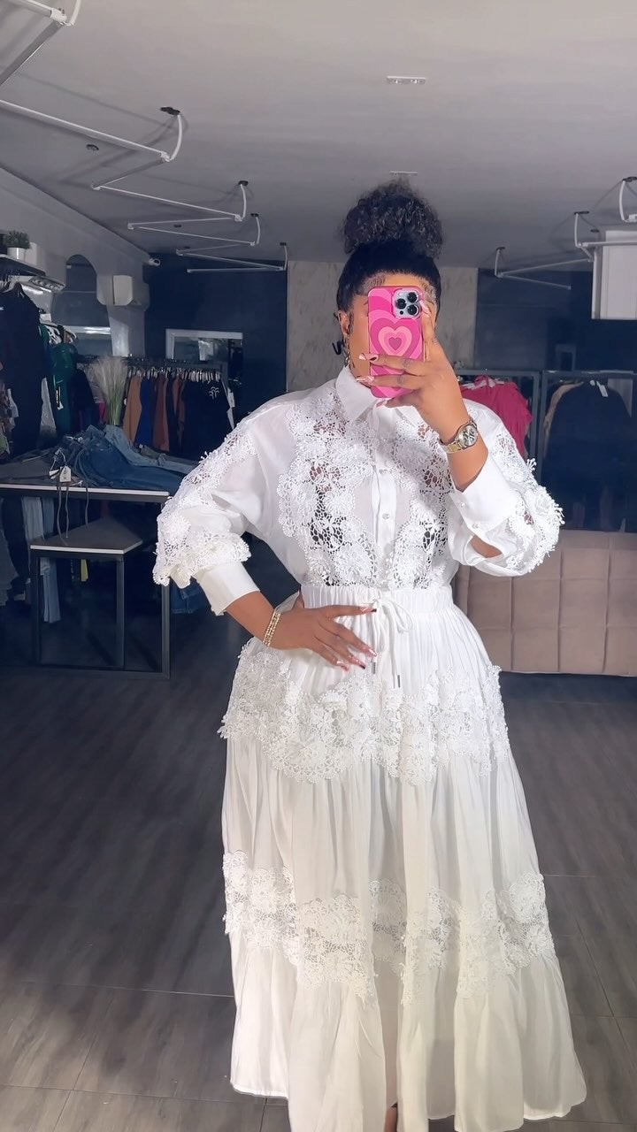 spring palace style two-piece set: women's french hollow-out lace embroidered long-sleeve blouse and high-waisted flared midi skirt