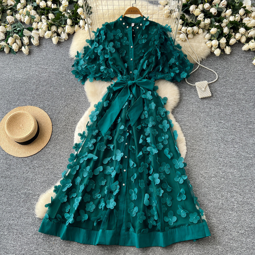 French chic 3d floral dress - women's summer  - slimming a-line dress with cinched waist - elegant work & evening gown