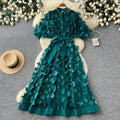 French chic 3d floral dress - women's summer  - slimming a-line dress with cinched waist - elegant work & evening gown