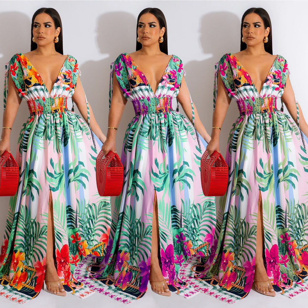 X6268 cross-border   fashion women's floral painted sleeveless v-neck maxi dress