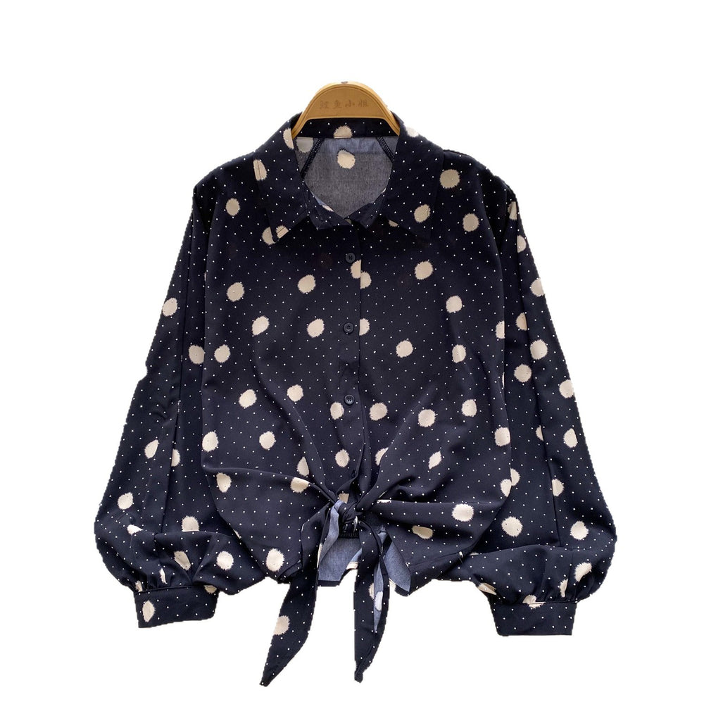 Light mature style strappy waist lantern sleeves polka dot hot diamond shirt women's autumlooseslimming lookcasual women's tops