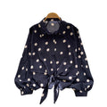 Light mature style strappy waist lantern sleeves polka dot hot diamond shirt women's autumlooseslimming lookcasual women's tops