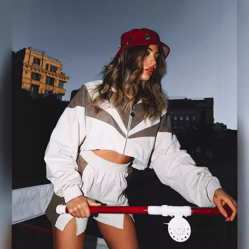 European and American loose casual women's clothing fashion contrasting colors long-sleeved sports cardigan cardigan cardigan shorts two-piece set women's suit women