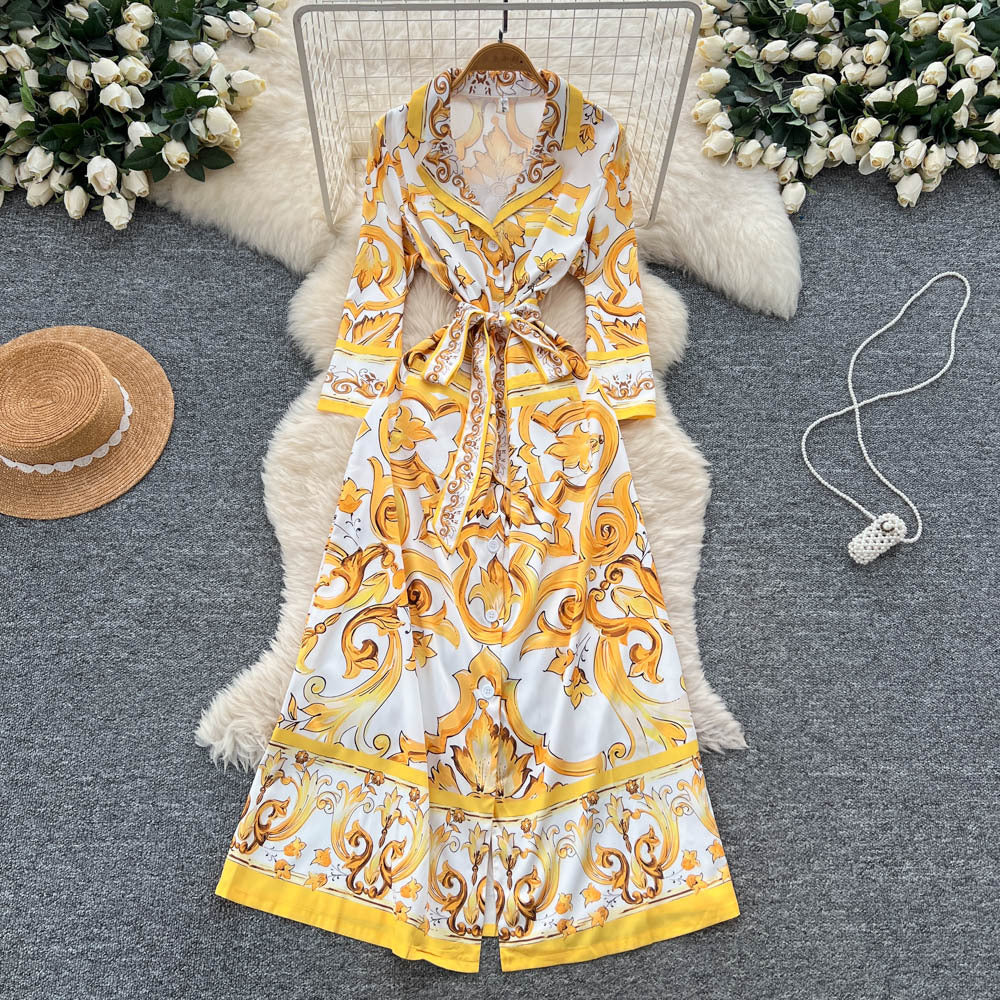 European and american retro court style chic blazer collar long sleeve tie-waist printed dress - women's french elegant maxi dress