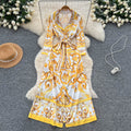 European and american retro court style chic blazer collar long sleeve tie-waist printed dress - women's french elegant maxi dress