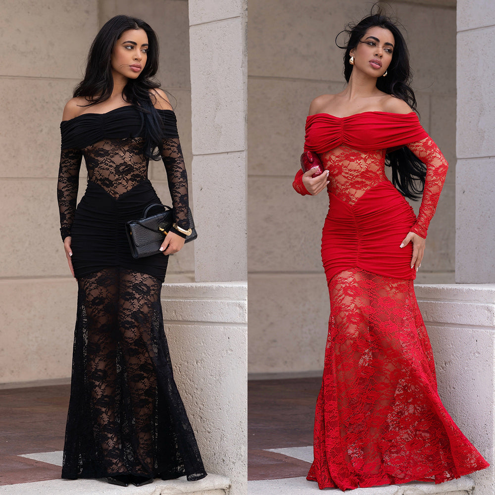 C7620 cross-border   fashion women's sexy off-the-shoulder lace bodycon dress
