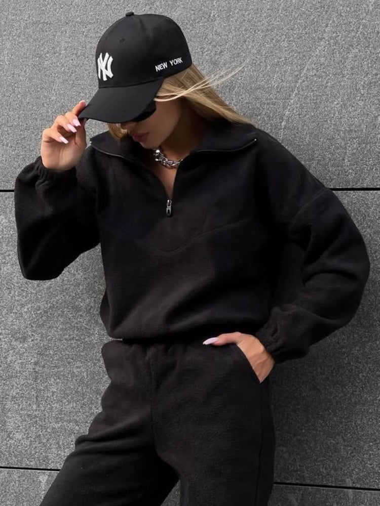 European and American  fashion sweater set women's zipper semi-cardigan jumper trousers two-piece set sports suit women