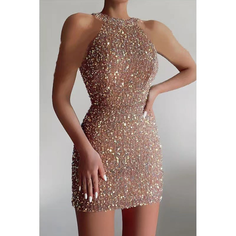 2025 european and american cross-border new fashion halter neck sexy crystal tassel bodycon sequin midi dress evening gown