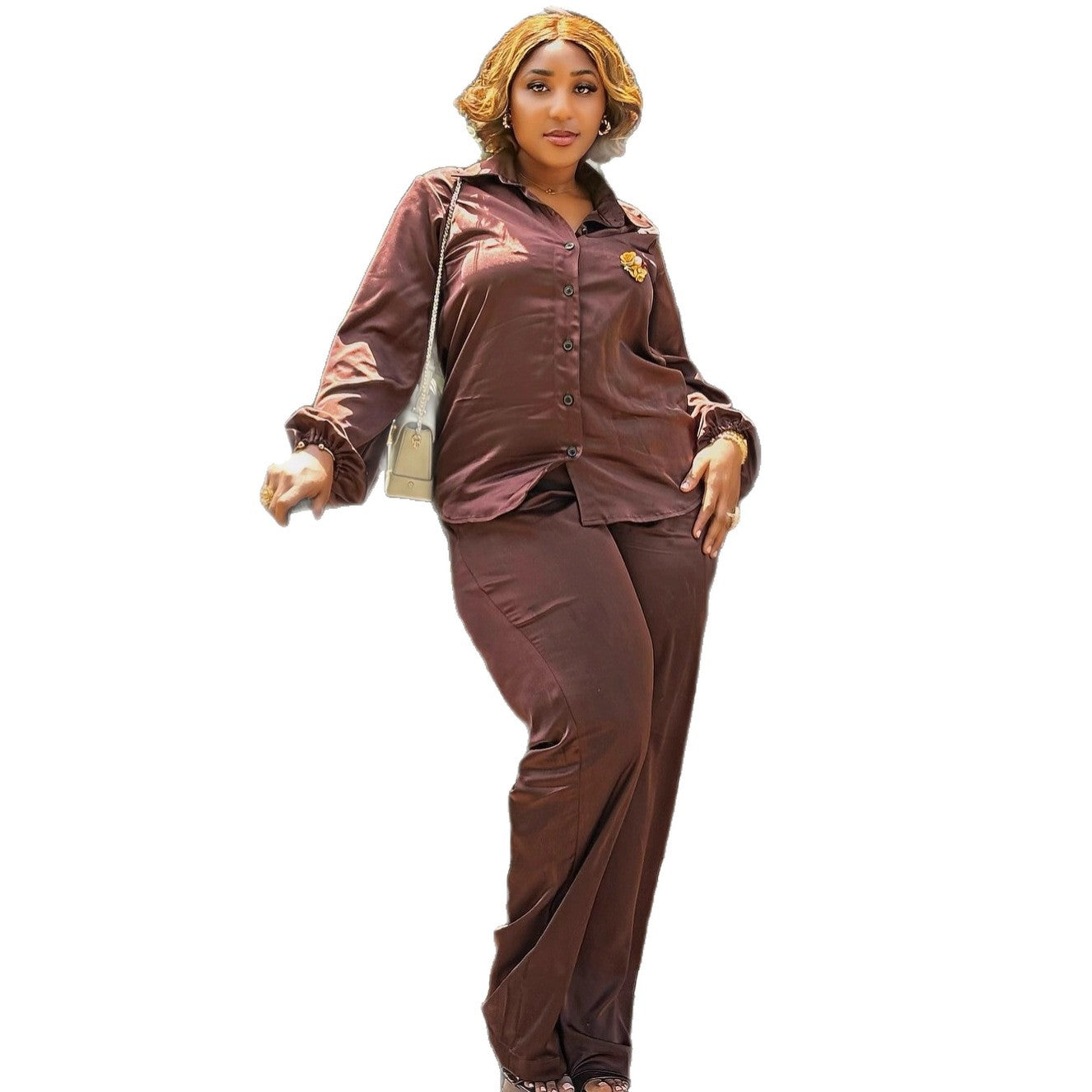European and American large size solid color cardigan lapel shirt high waist wide leg pants women's African fashion loose new two-piece set trendy