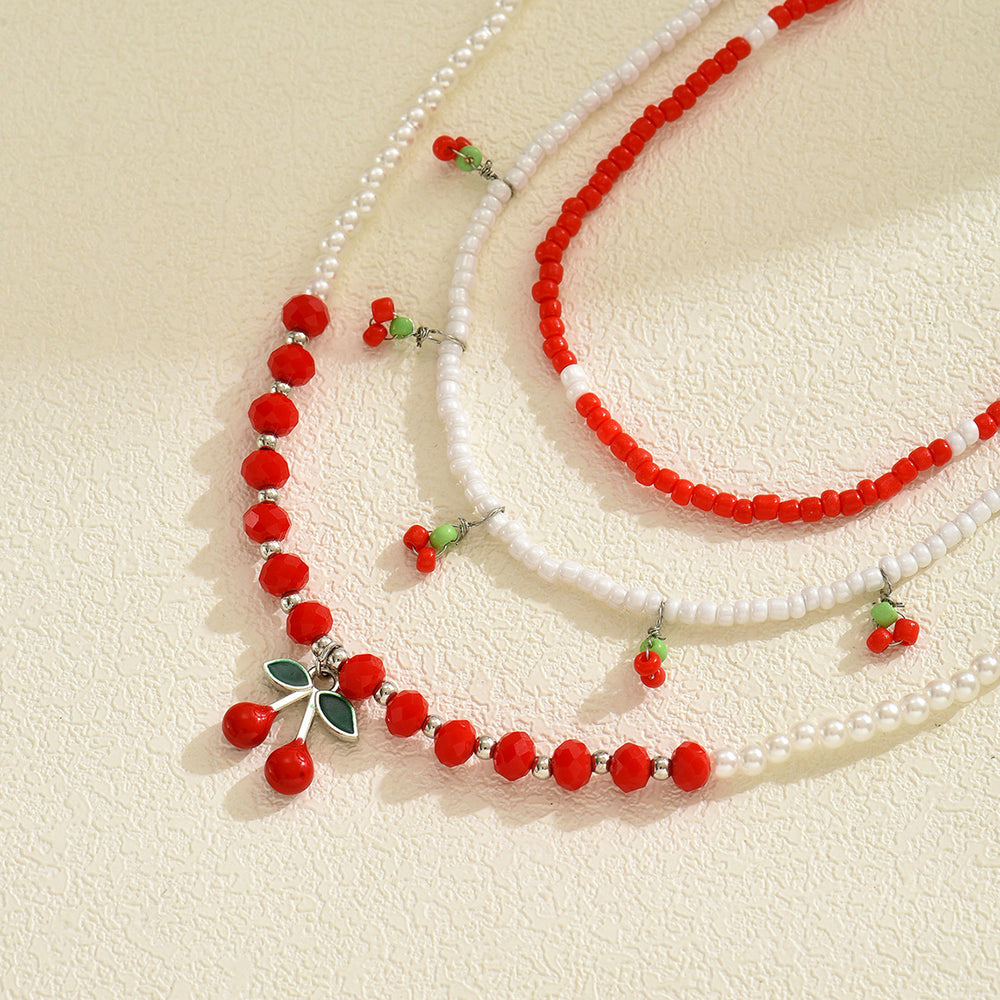 European and american cross-border cherry necklace set - multi-layered design, summer fresh style, rice bead chain accessories, women's necklace