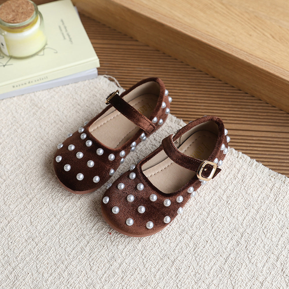 Vancahao girls' french round-toe flats with pearl detail -  spring new collection, soft sole, single strap, flat shoes