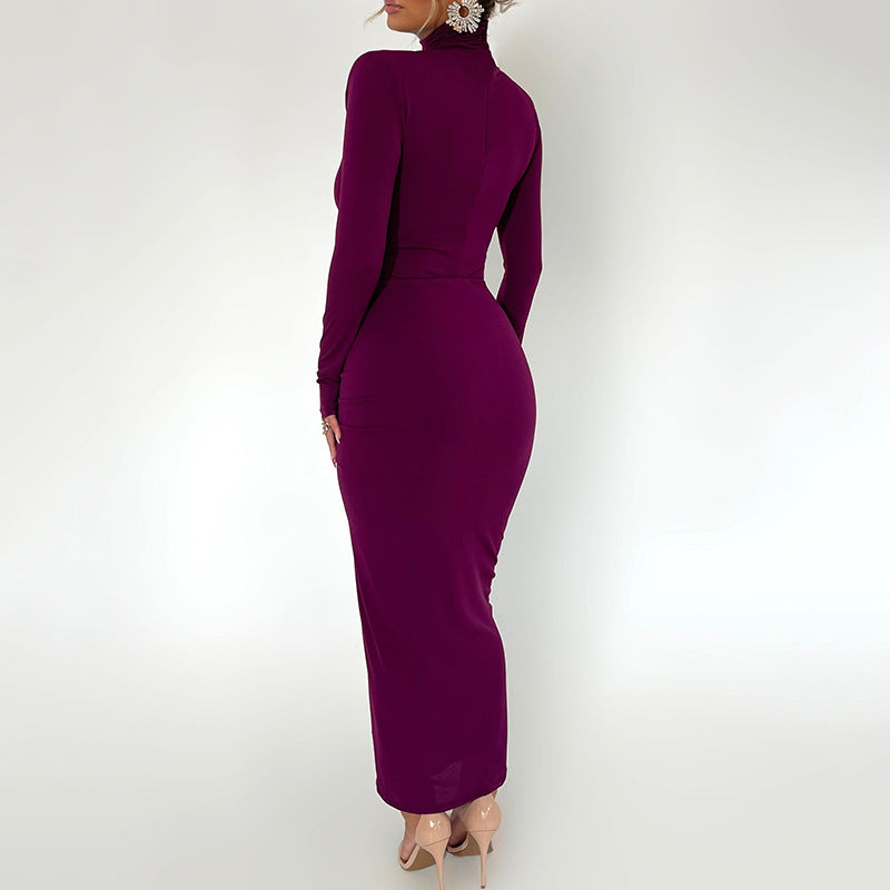 European and American  autumn and winter new semi-turtleneck long-sleeved dress fashionable sexy hot girl temperament tight long dress women
