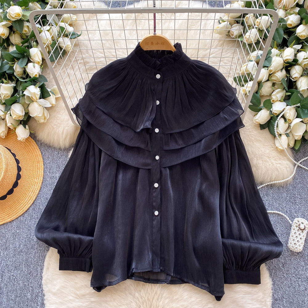 French retro court style wood ear trim blouse - women's early spring outfit, long sleeve ruffle detail, designer commute top