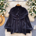 French retro court style wood ear trim blouse - women's early spring outfit, long sleeve ruffle detail, designer commute top