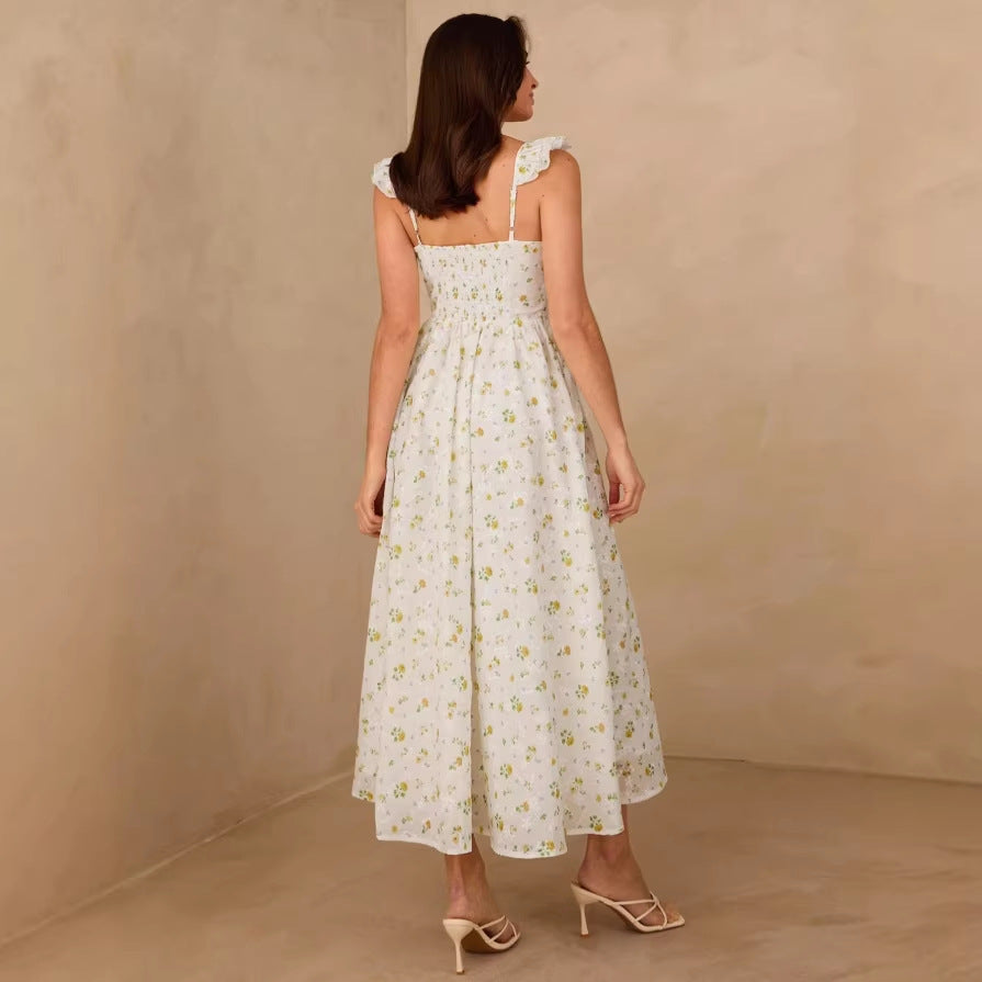 european and american cross-border new women's fitted french floral maxi dress
