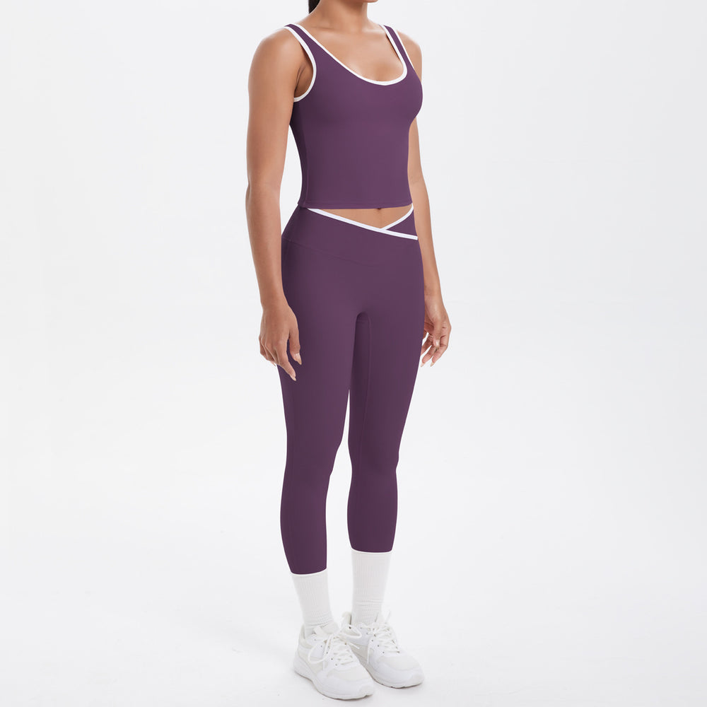popular double-sided brushed contrast color tight breathable cross yoga suit sports running fitness two-piece set