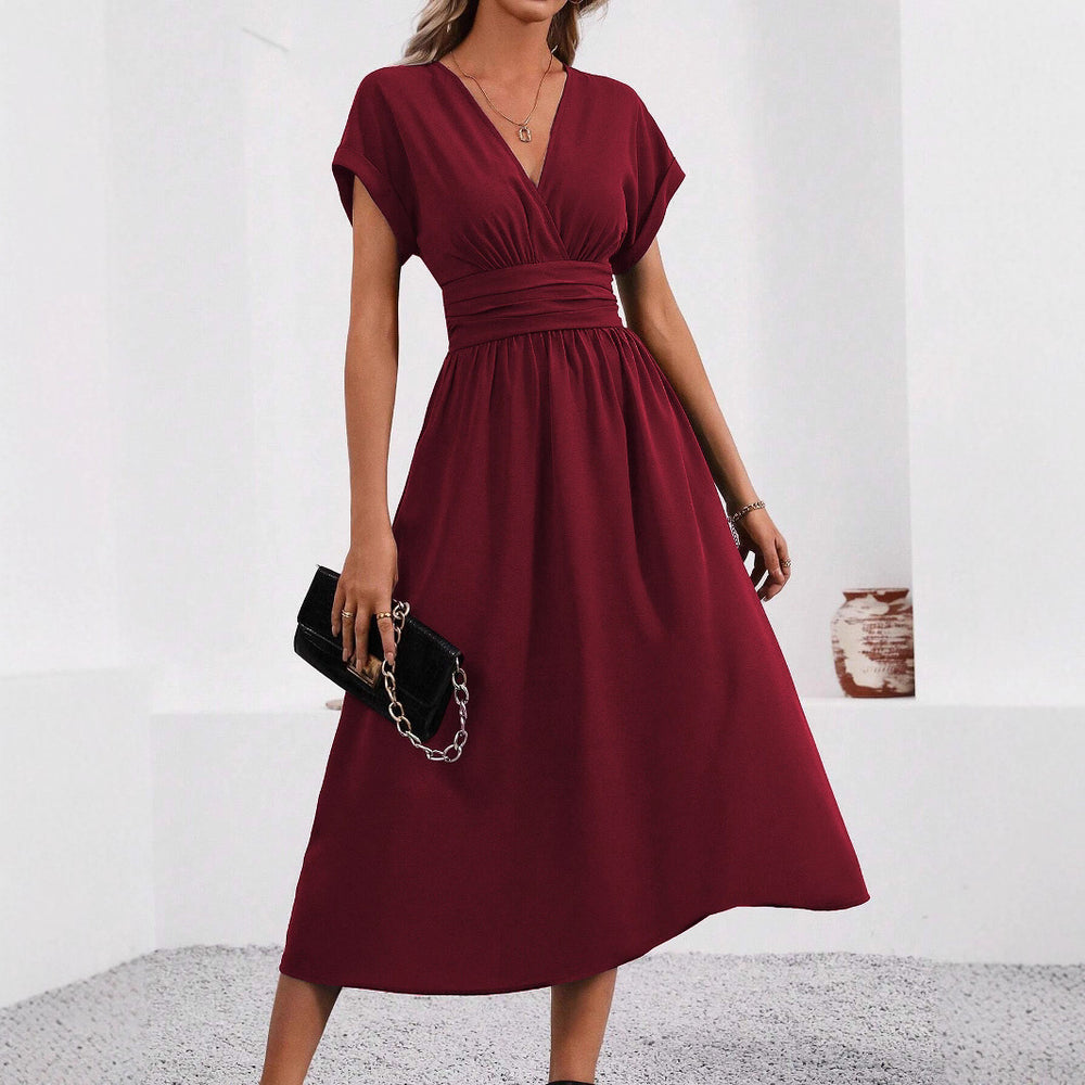 Women's summer solid color overlapping v-neck batwing sleeve waist ruched maxi elegant dress, women's long dress
