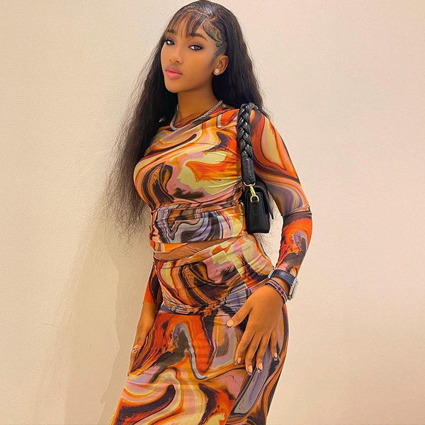 European and American fashion printing round neck long-sleeved open button top, hip skirt set, one hair dress for women