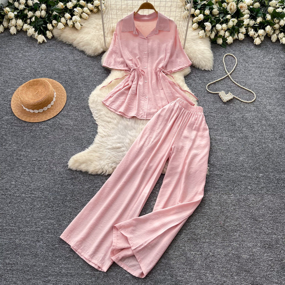 Lazy style pink shirt loose pantstwo-piece set women's summer light and breathable waist tie backfashionableelegantsuit