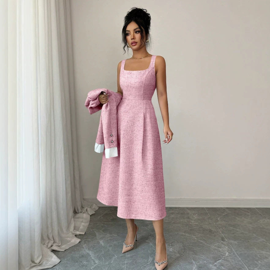 European and american cross-border  sakura pink chanel-inspired two-piece women's outfit: round neck a-line midi skirt with ruffle trim dress
