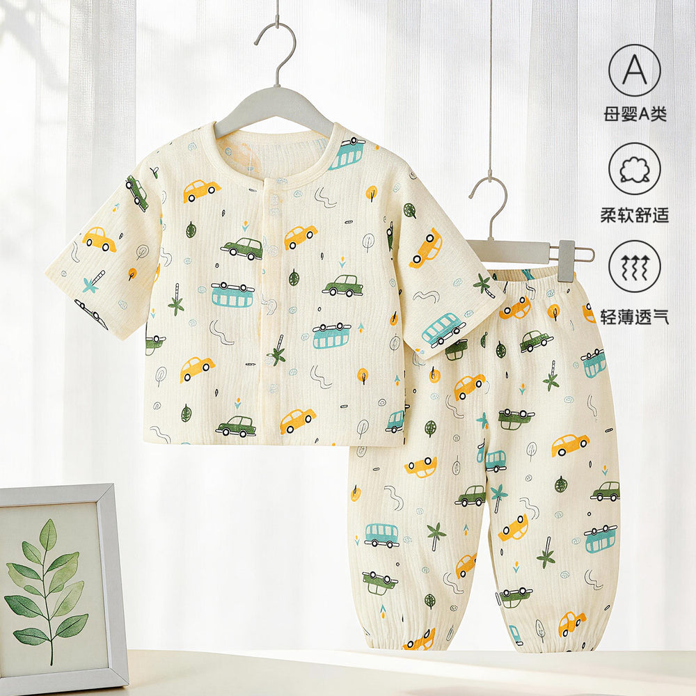 Class a pajamas gauze pure cotton spring summer thin baby air-conditioning home clothes 7-quarter sleeves + pants kidssuit