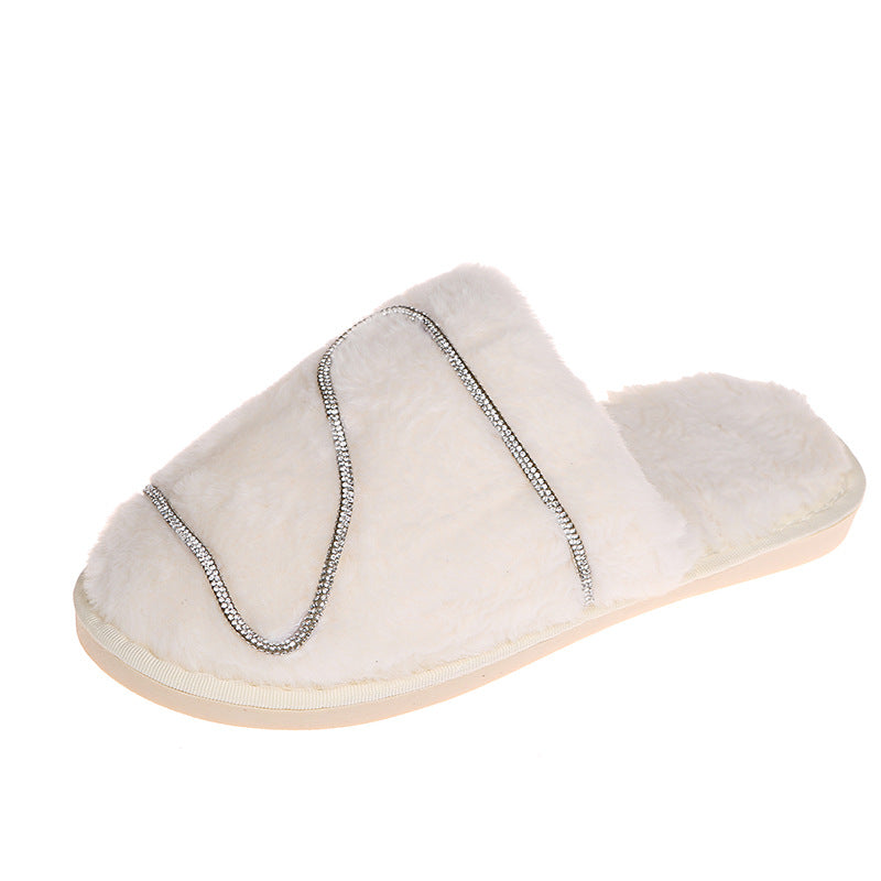 2024 fall/winter new women's closed-toe slippers rhinestone flat z-shaped fuzzy slippers indoor/outdoor fleece-lined cotton slippers