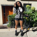 European and american cross-border women's fashion  new autumn/winter street style black and white plaid long sleeve cardigan wool sweater top