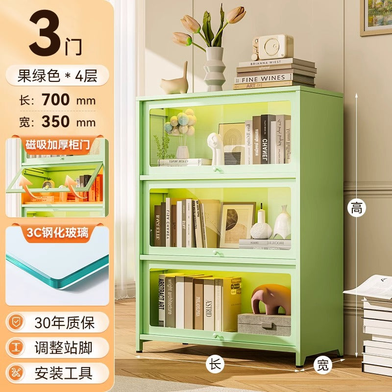Steel bookcase with glass doors, kids' bookshelf, home living room storage cabinet, dustproof display cabinet, iron art shelf