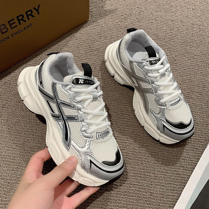 Chunky platform sneakers for women, 2026 new spring/summer collection, breathable mesh, student running shoes, trendy street style, lightweight casual athletic shoes