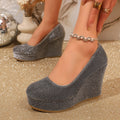 Export  new arrival round toe suede women's fashion flats sleeve wedge heel waterproof platform plus size high heels wholesale
