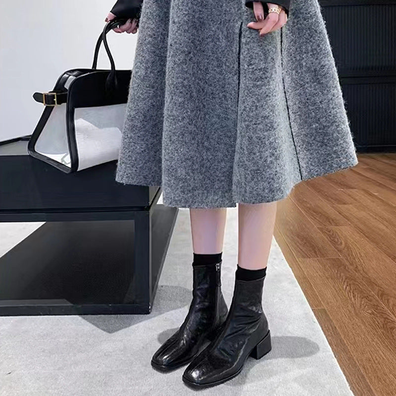 Influencer-approved korean-style square-toe, washed horsehide, slim-fit ankle boots for women. new autumn collection featuring chunky heels and a trendy bare-leg design