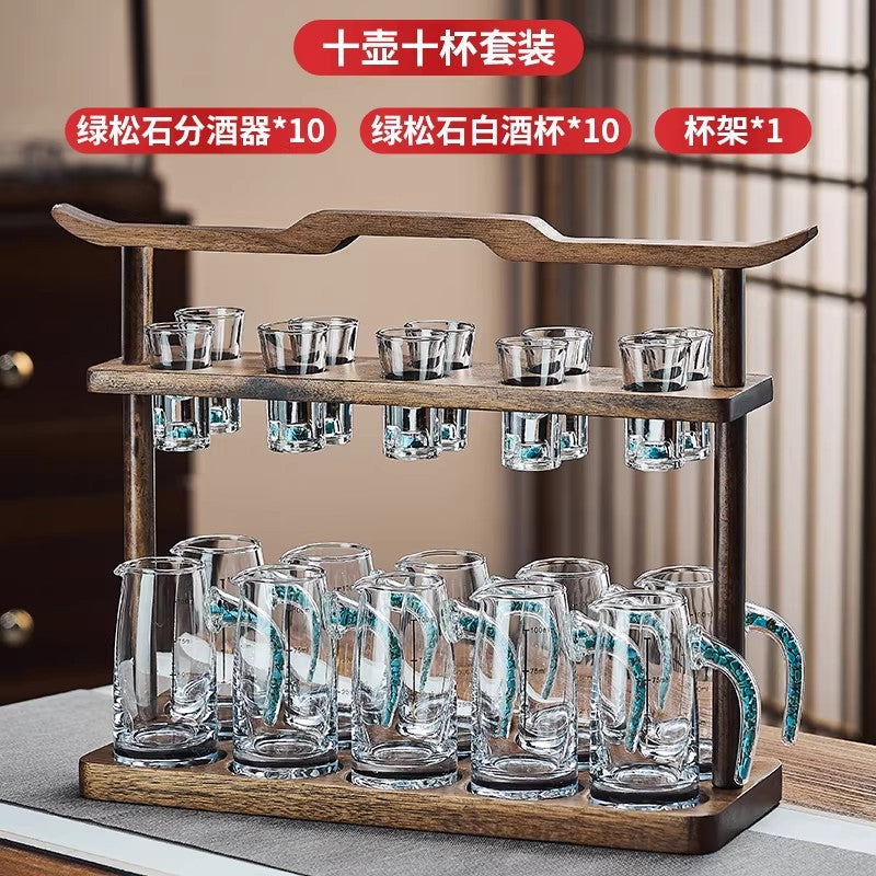 High-end acacia wood white wine glass set - home use, light luxury crystal glass shot glasses, gold foil wine pourer, barware set