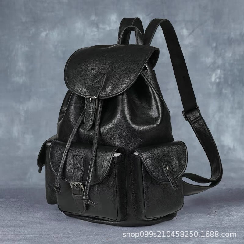 Hs original hand-burnished genuine leather backpack - vintage top grain vegetable-tanned cowhide rucksack for men and women - travel & laptop backpack