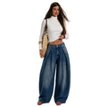 Fashionjeans women's high waist pleated wide leg jeans washed loose pleated large trouser legs draped denim pants