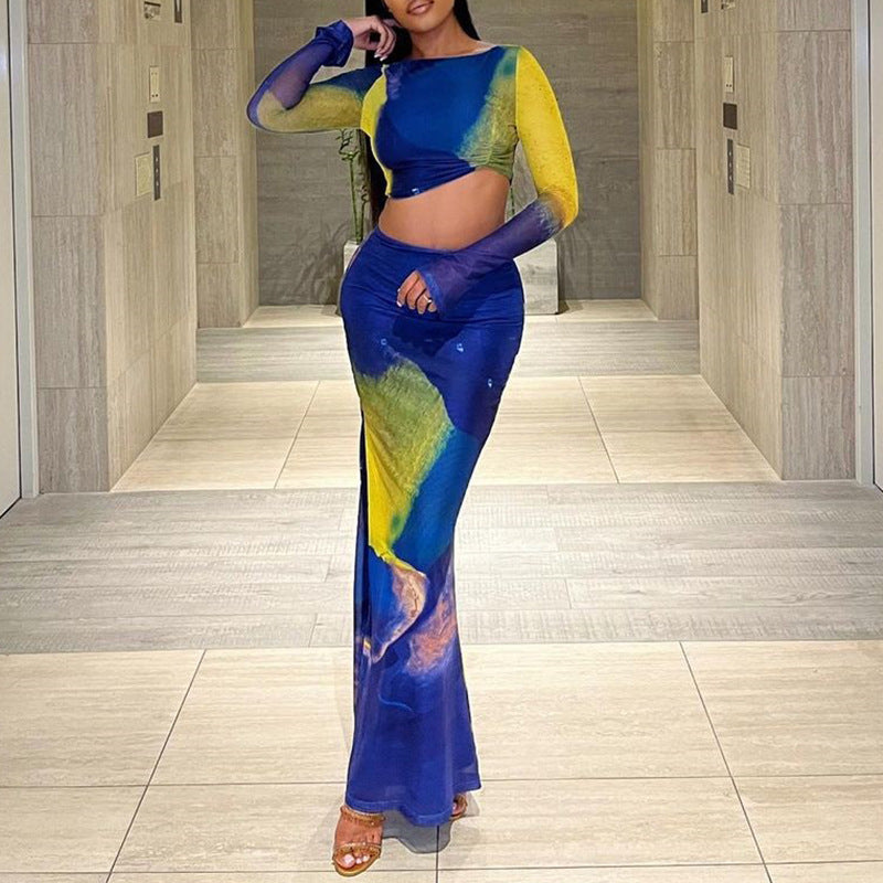 European and american style printed bodycon dress set with flared sleeves, ruched crop top, and high-waisted bodycon skirt - fashionable two-piece outfit