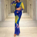 European and american style printed bodycon dress set with flared sleeves, ruched crop top, and high-waisted bodycon skirt - fashionable two-piece outfit