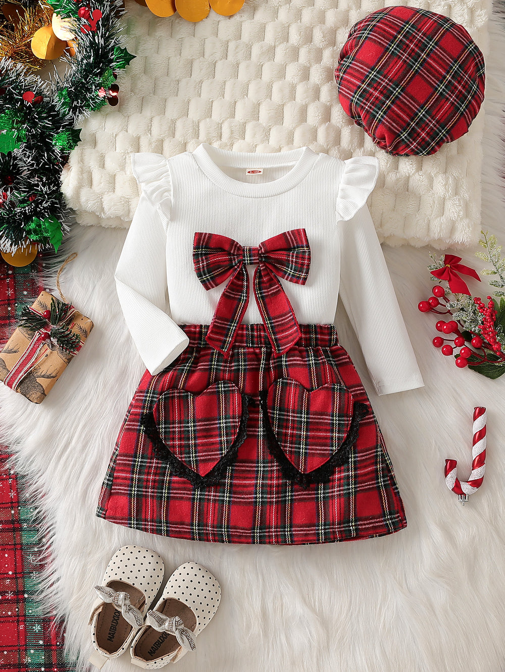 autumn cross-border baby & toddler flutter sleeve bow top + plaid heart patchwork skirt with hat three-piece set