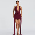 European and american women's clothing  summer new fashion teardrop embellished sexy deep v-neck halter neck tie-up bodycon dress