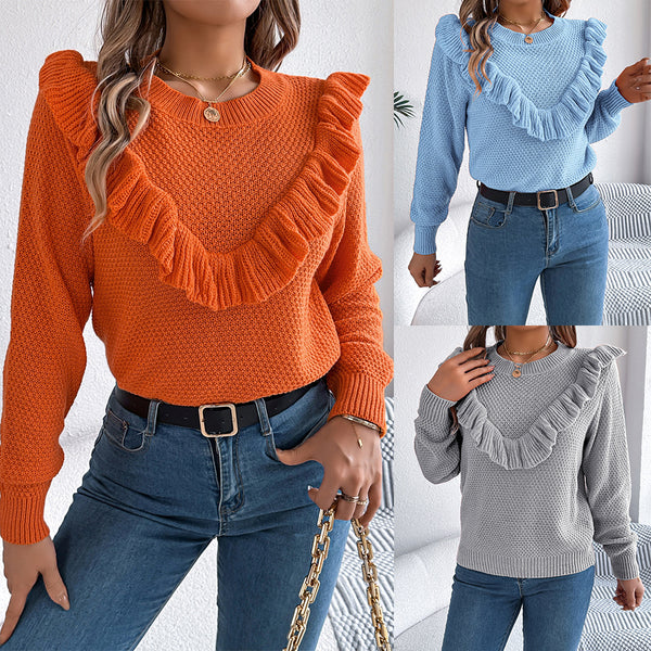 Real shot 2025 autumn and winter elegant solid color ruffle edge long-sleeved pullover sweater, independent station  European and American women's clothing