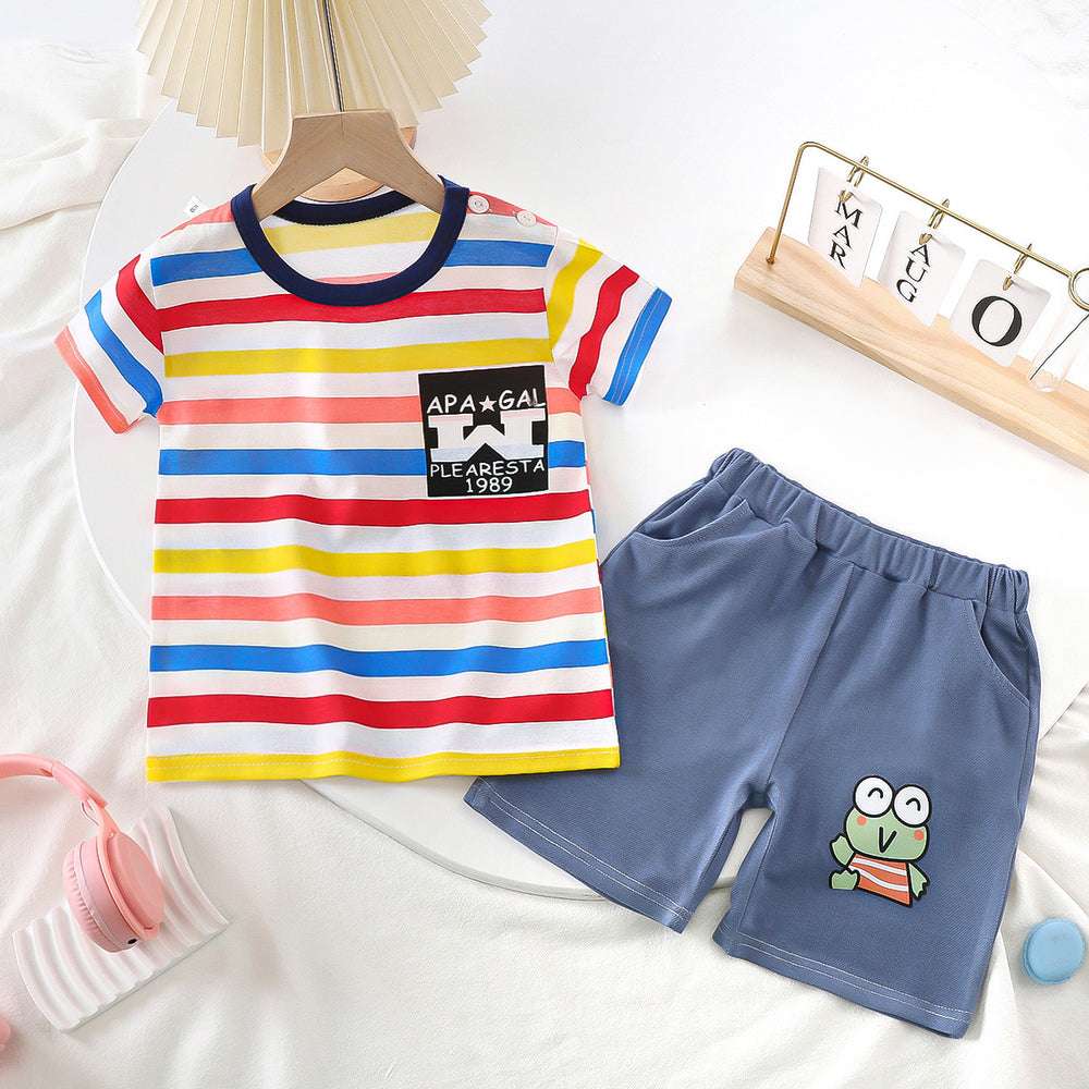 summer kids' short-sleeve set: toddler & children's pure cotton denim casual short-sleeve & shorts two-piece outfit - dropshipping available