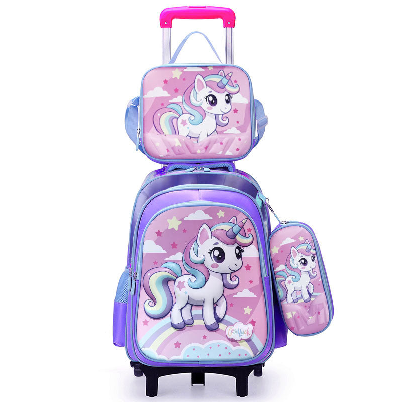 New arrival primary school students can be equipped with pull rod school bag lunch bag pencil bag three-piece set kids cute cartoon backpack