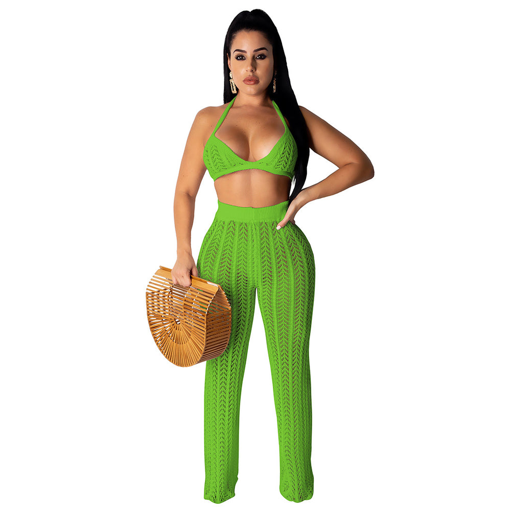 summer new european and american sexy women's fashion knitted mesh hollow-out see-through two-piece set - hot cross-border seller