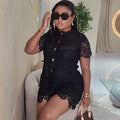 European and american cross-border women's fashion:  autumn new collection - stylish round neck button-down lace short-sleeve blouse and high-waisted shorts set