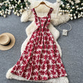 French riviera style red floral print sleeveless dress - women's summer korean high-waisted a-line slimming maxi dress