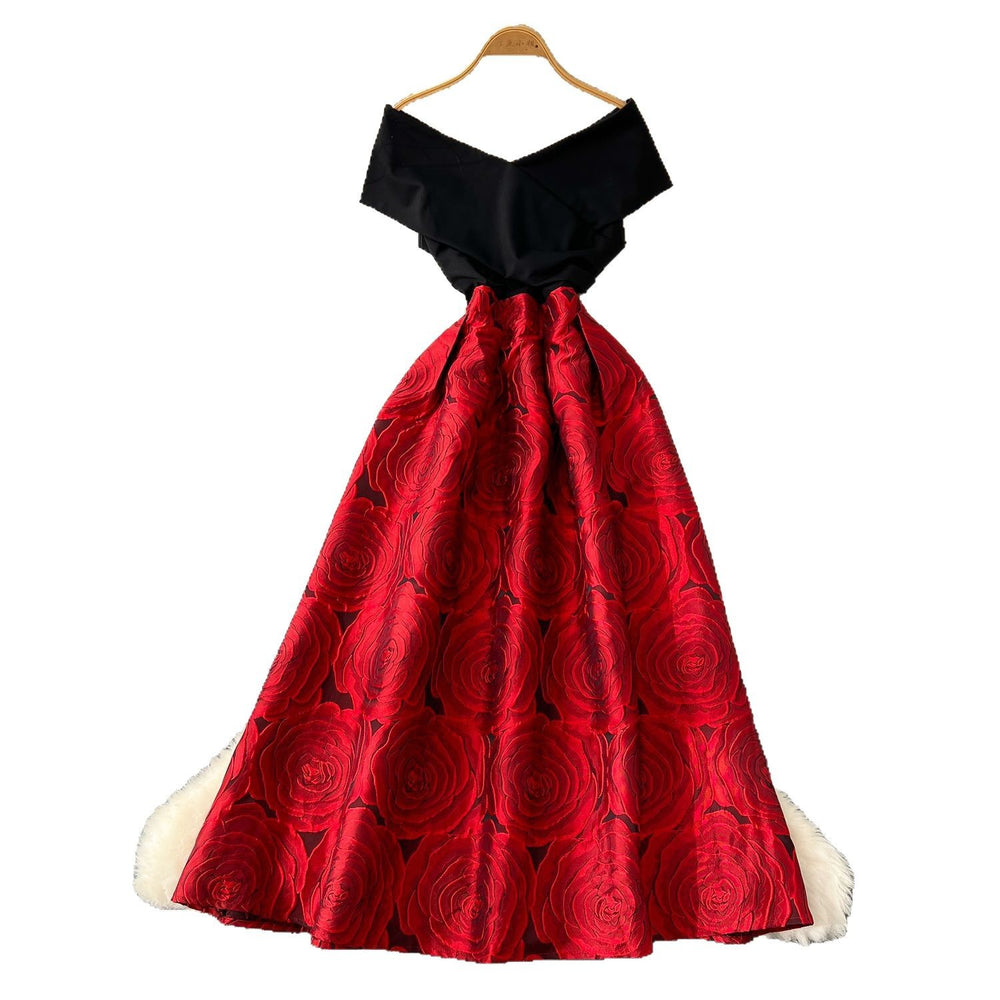 French style women's evening gown 2025 new collection - high-end one-shoulder patchwork waist-defining jacquard a-line maxi dress