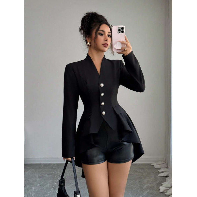 fashionautumnew arrivalelegancefashionv necklong sleeves waist asymmetricalrufflesjacket for women