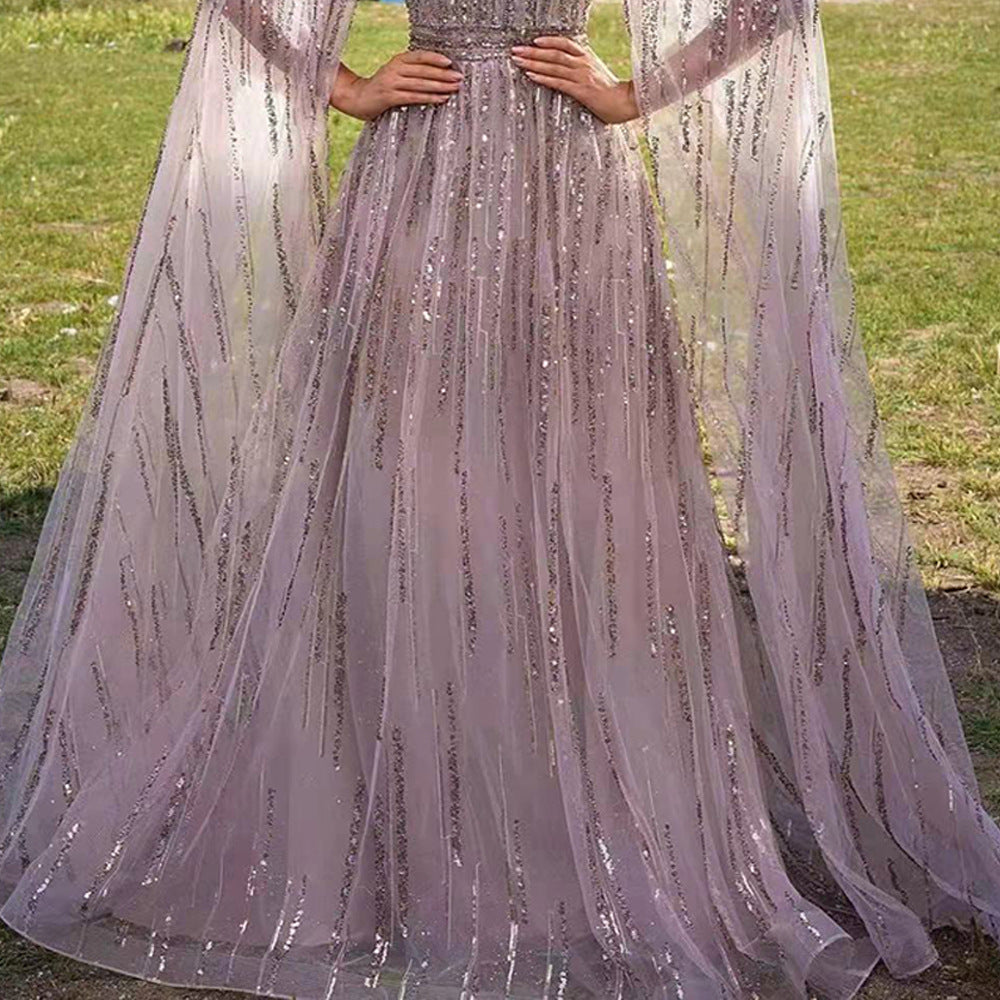 new spring/summer cross-border fashion: european and american style elegant mesh maxi dress with tassel and sequin evening gown