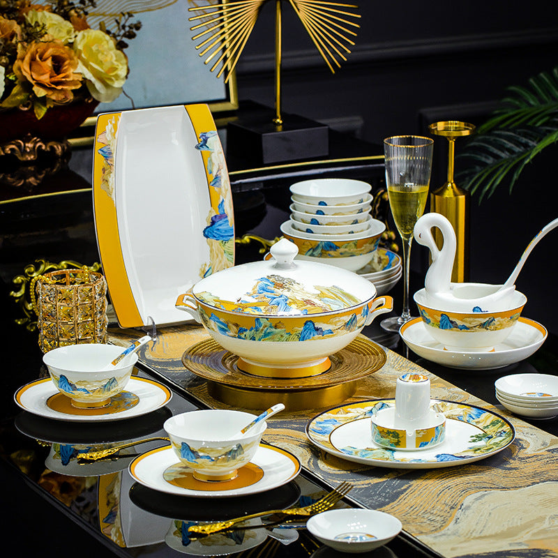 Jingdezhen dishes tableware set fish plate high-foot rice bowl bone china high-end high-end gift box housewarming wedding gift